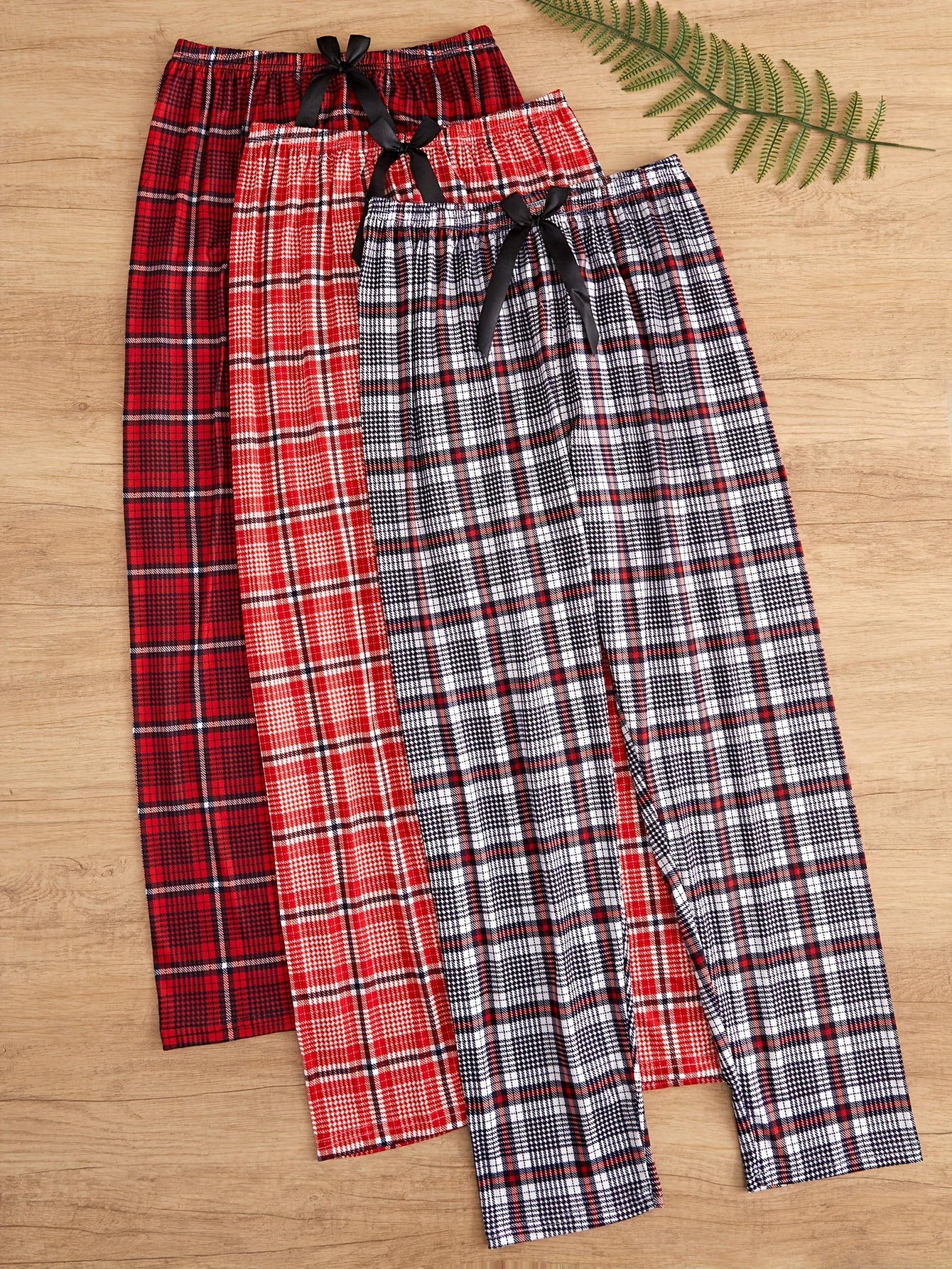 Women's Plaid Sleep Pants 3-Piece Set Cozy Lounge Casual Knit Polyester with Bow