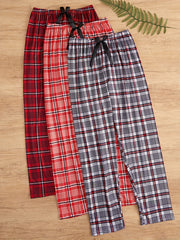 Women's Plaid Sleep Pants 3-Piece Set Cozy Lounge Casual Knit Polyester with Bow