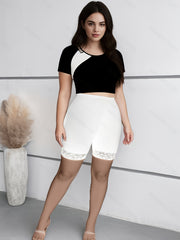 Pantalones cortos de encaje elástico de cintura alta para mujer talla grande, casual, de temporada