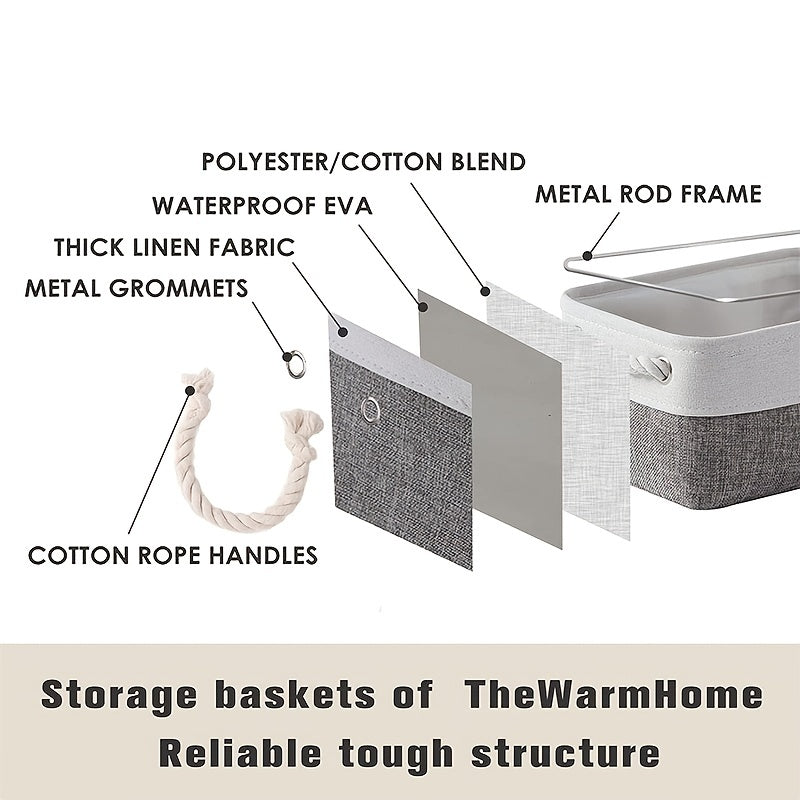 Gray and White Linen Storage Basket with Rope Handles for Closet and Nursery Organization