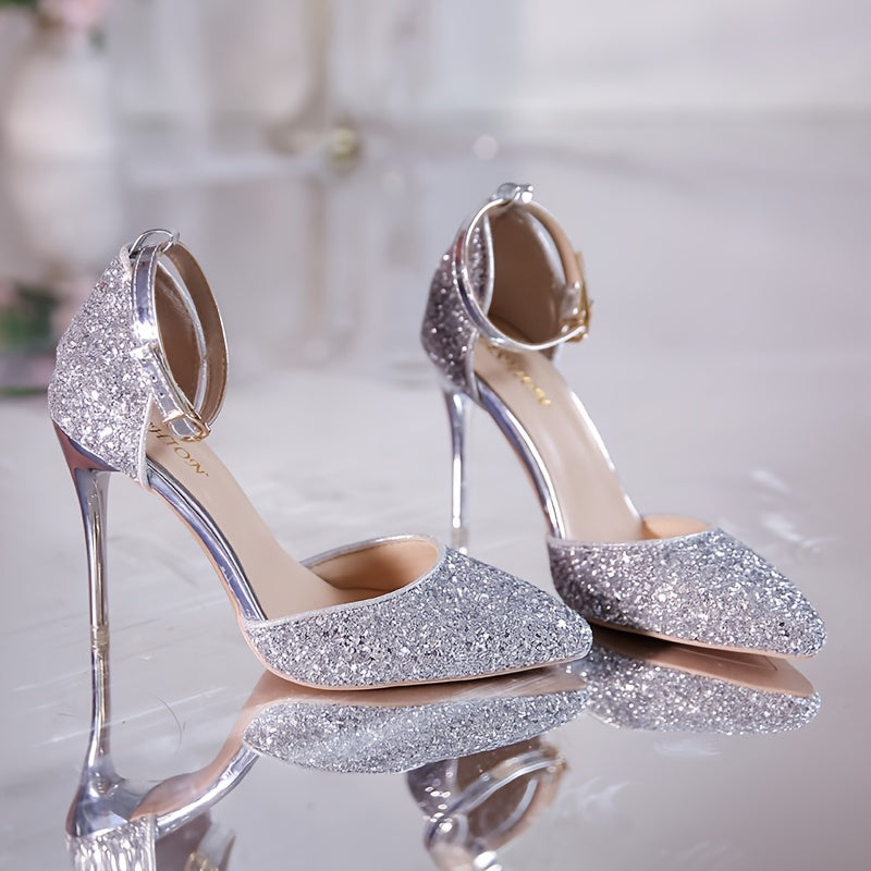 Women Silver Sequin Pointed Toe Stiletto Heels Elegant Party Wedding Shoes