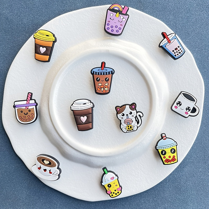 12pcs Milk Tea Themed Shoe Charms Set PVC Removable Accessories for Women
