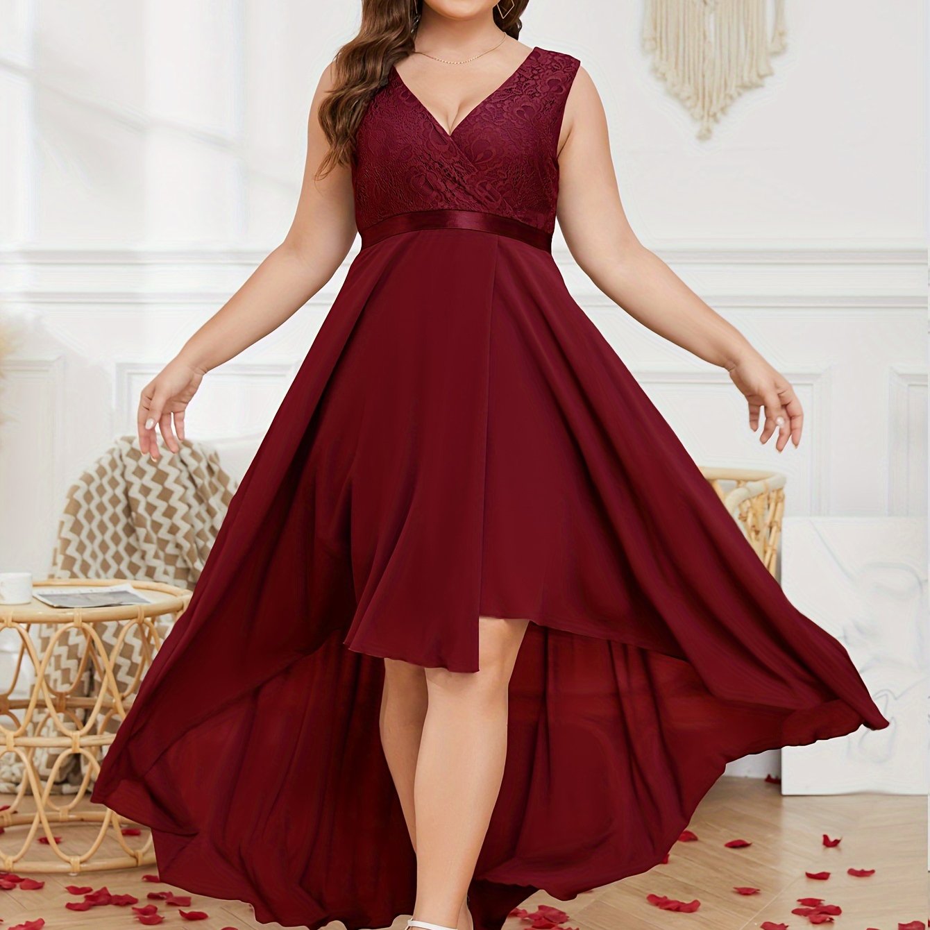Plus Size Solid Tank Bridesmaid Dress V-Neck High-Low Hem Wedding