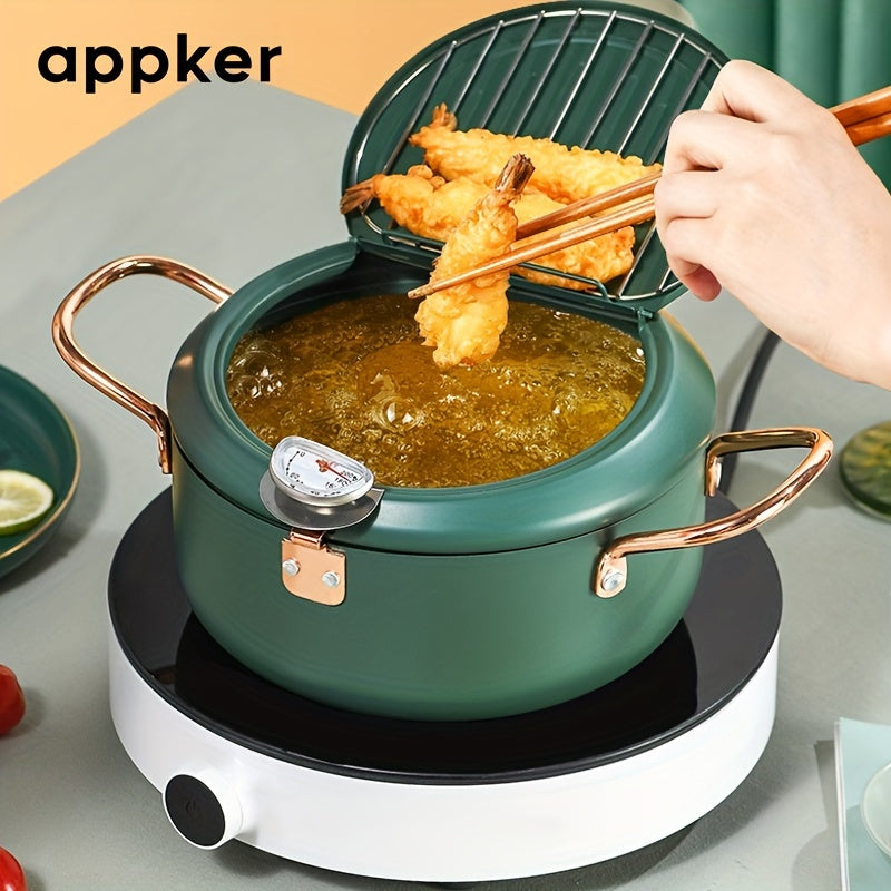 Deep Fryer with Thermometer Non-Stick Carbon Steel Large Green Pan Lid and Oil Drip Rack