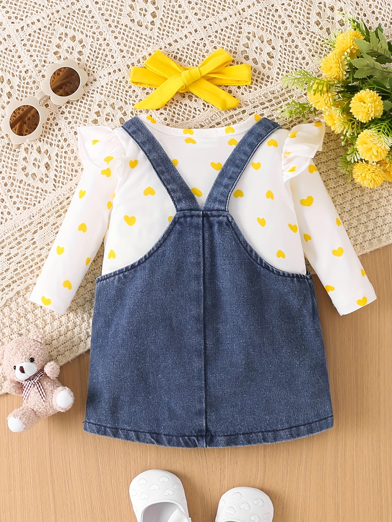 Girls' Knit Romper Set with Denim Skirt and Polka Dot Top for All Seasons