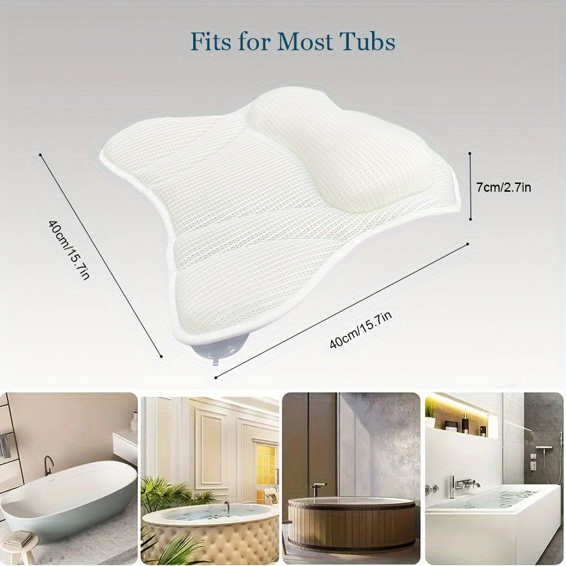 Ergonomic Bath Pillow with Non-Slip Suction Cup, Quick-Dry, Machine Washable, White
