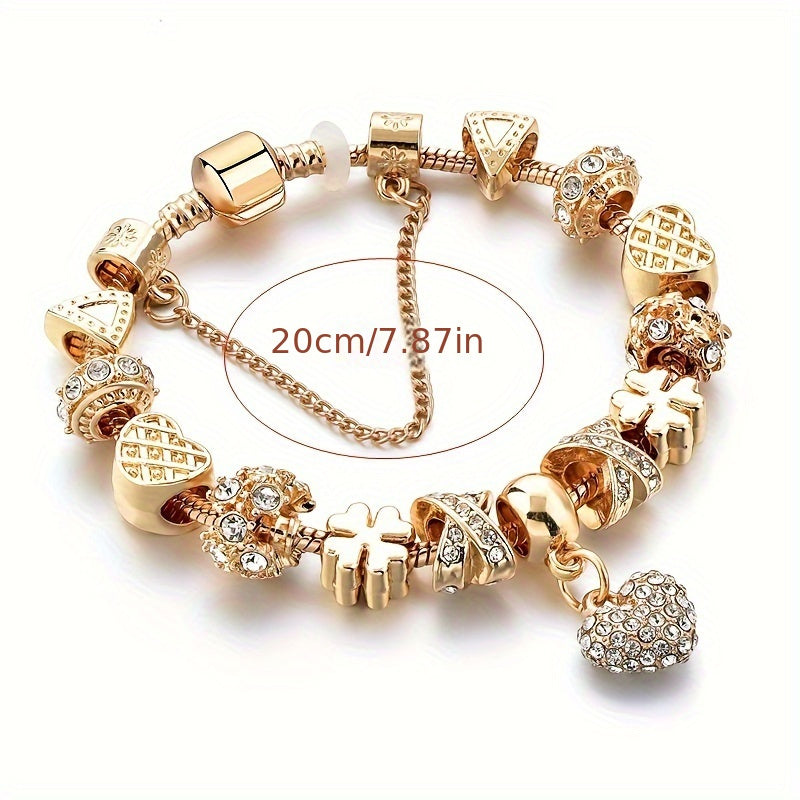 Gold Tone Heart Charm Bracelet with Rhinestones and Large Hole Beads