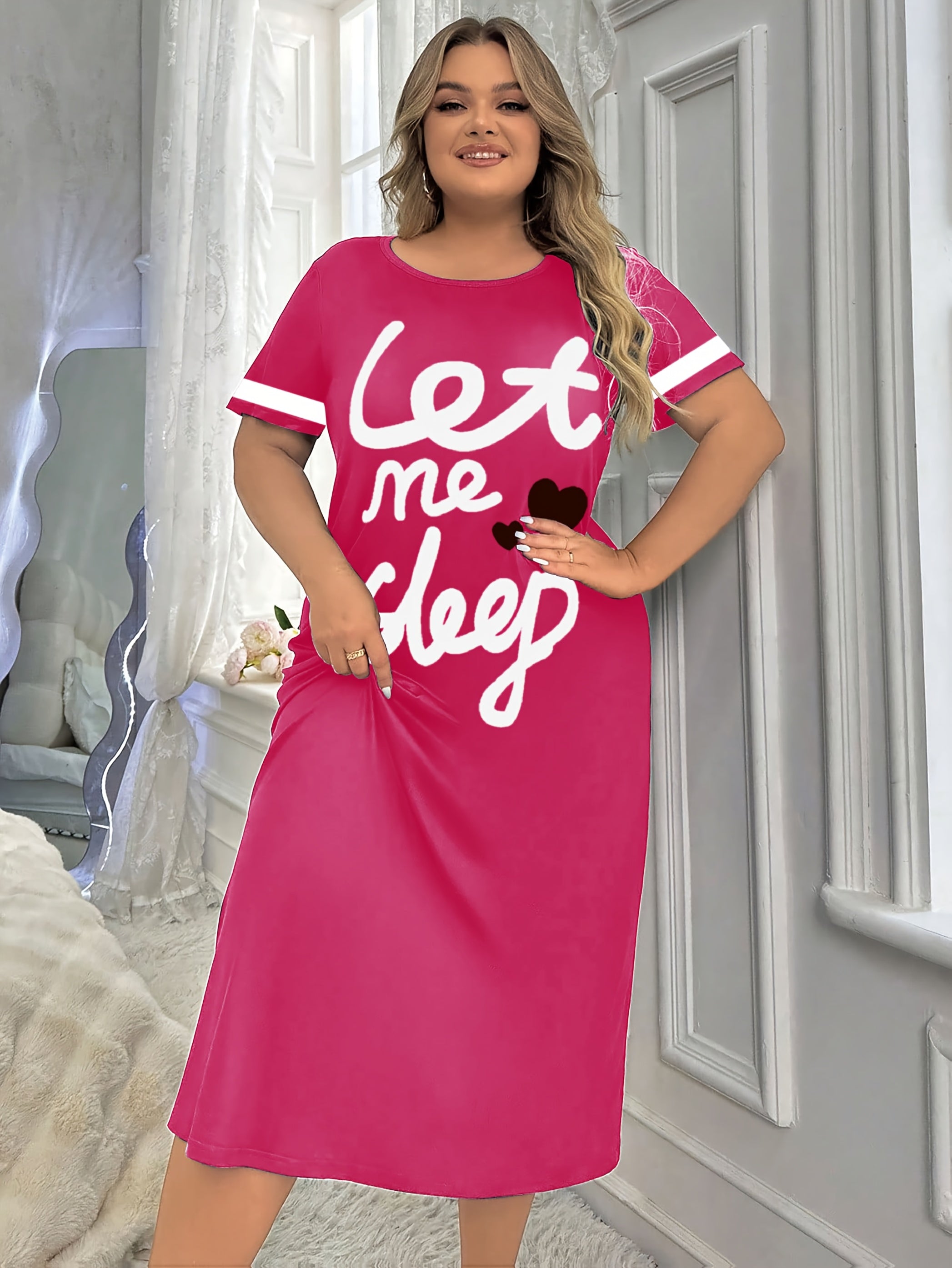 Women's Letter Print Polyester Night Dress Crew Neck Casual Sleepwear