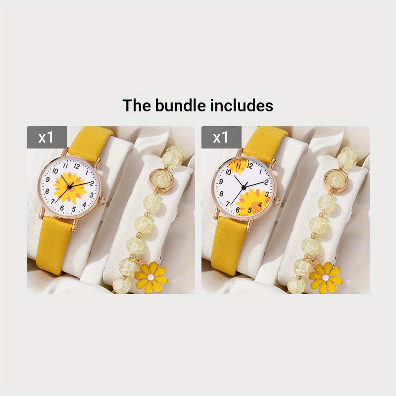 Set of 2 Women's Daisy Flower Design Watches with Leather Straps and Matching Bracelets