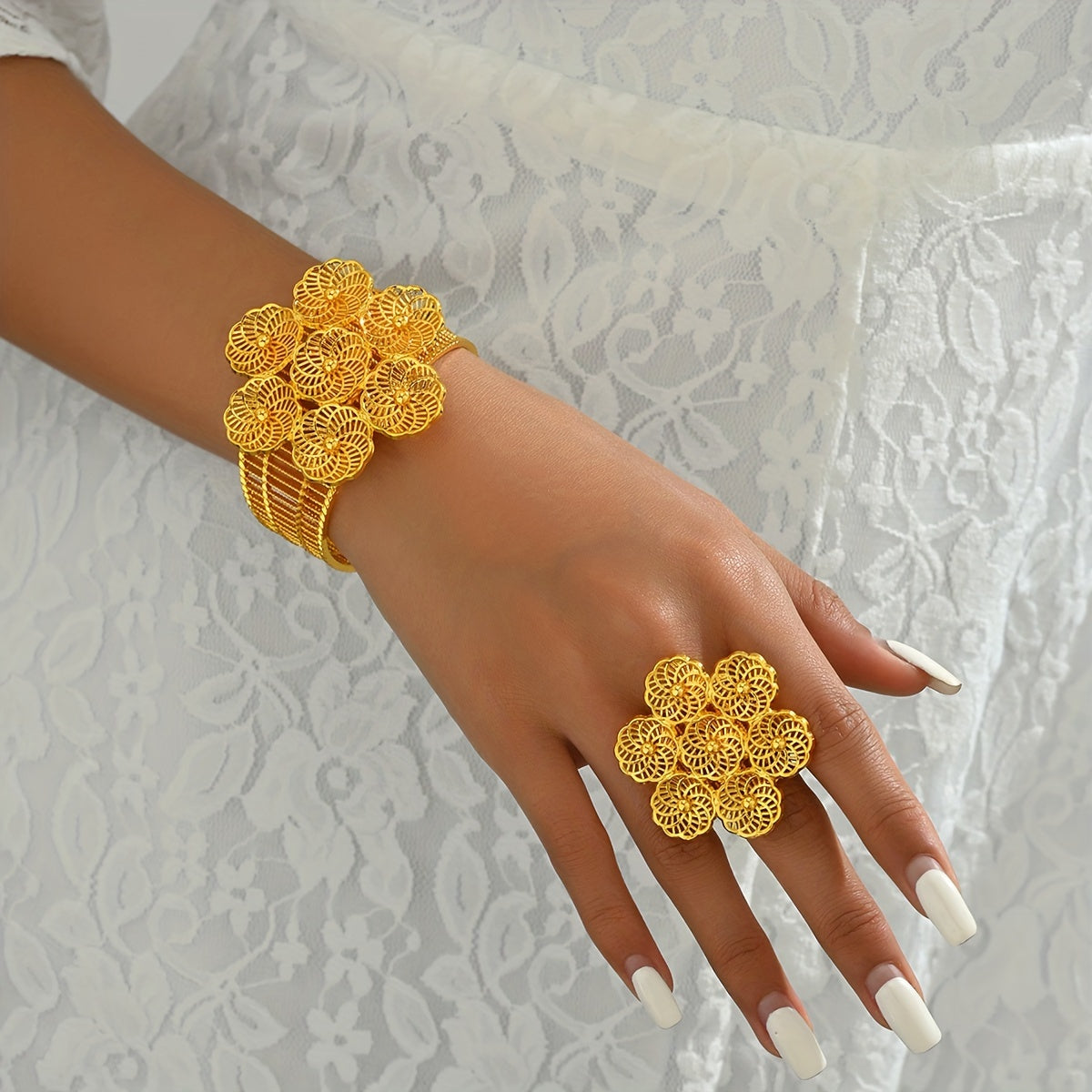 Vintage Floral Jewelry Set with Open Cuff Bracelet and Ring 18K Gold Plated Alloy for Weddings and Celebrations