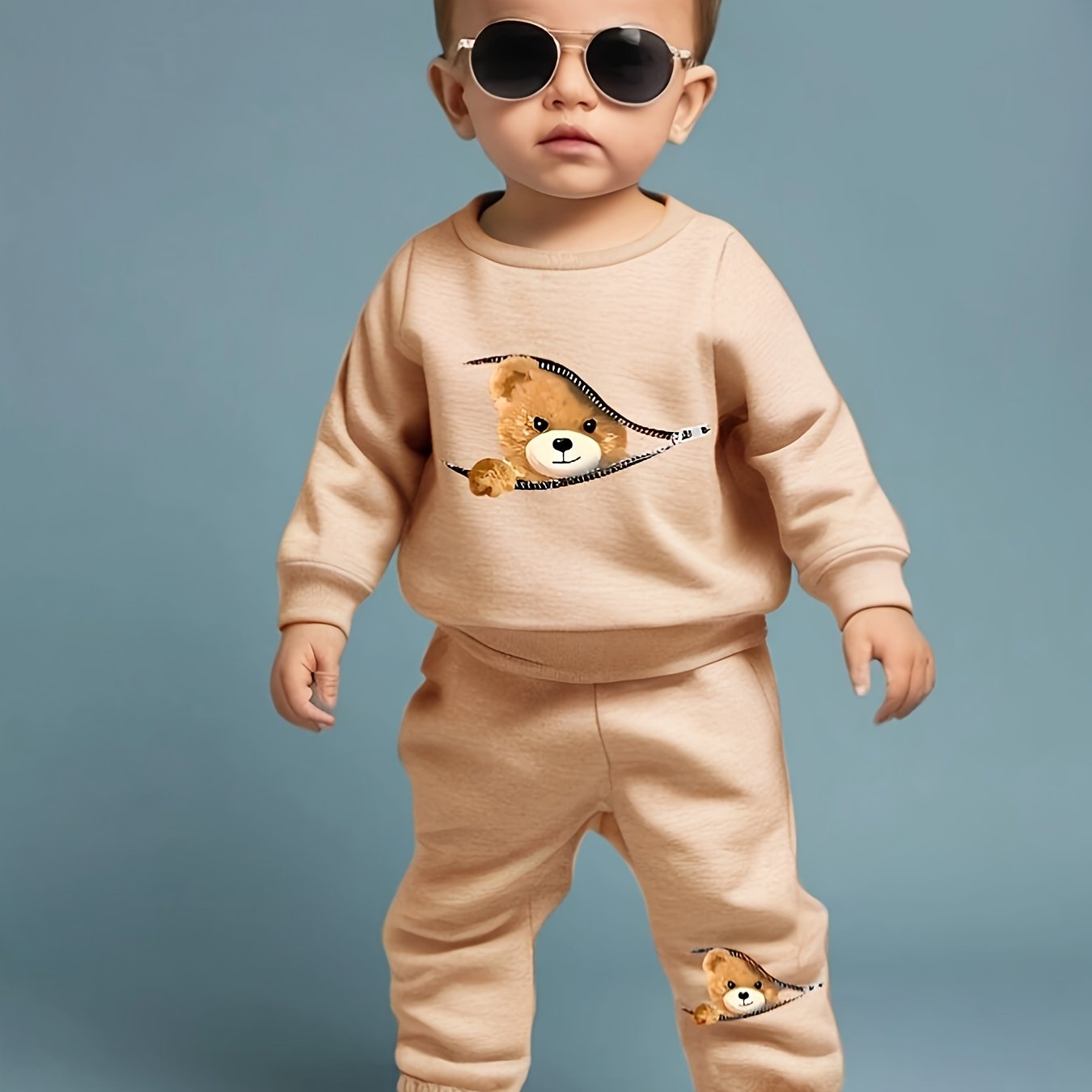 Baby Boys Hoodie and Sweatpants Set Autumn Winter Teddy Bear Print Polyester Comfortable