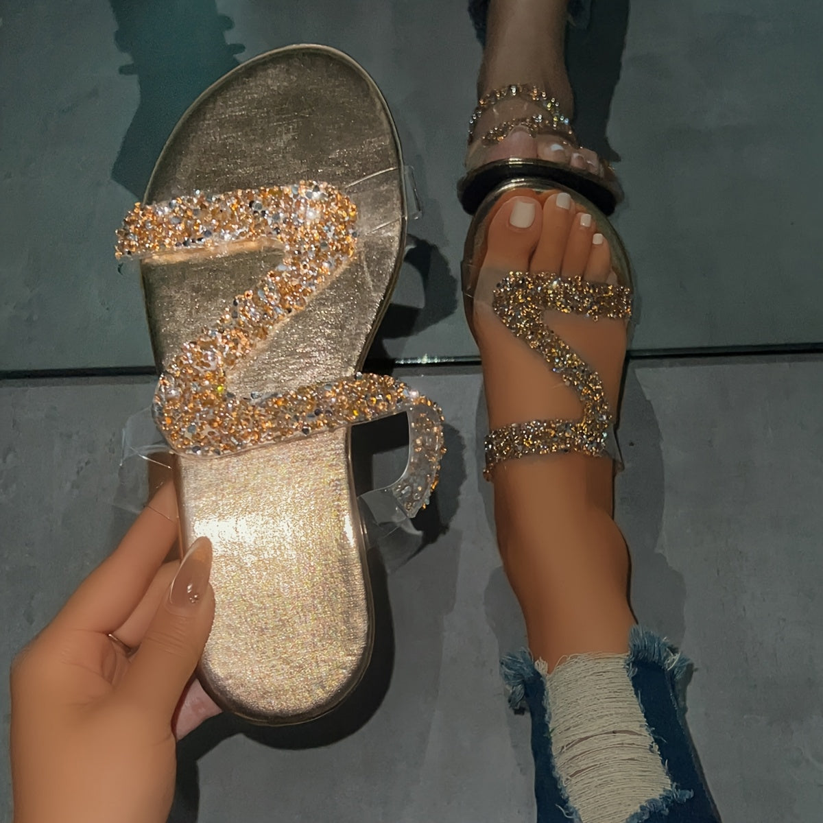 Women's Glitter Slide Sandals Transparent Rhinestone Flat Heel Casual Party