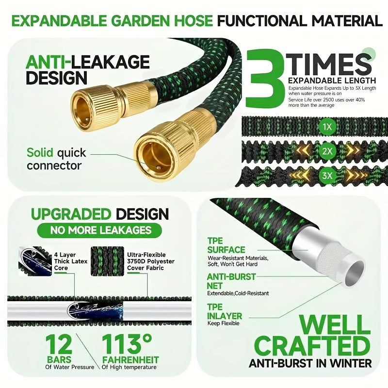 Expandable Garden Hose with 10 Nozzles Rubber Polyester All-Season Non-Tangle Portable for Patio