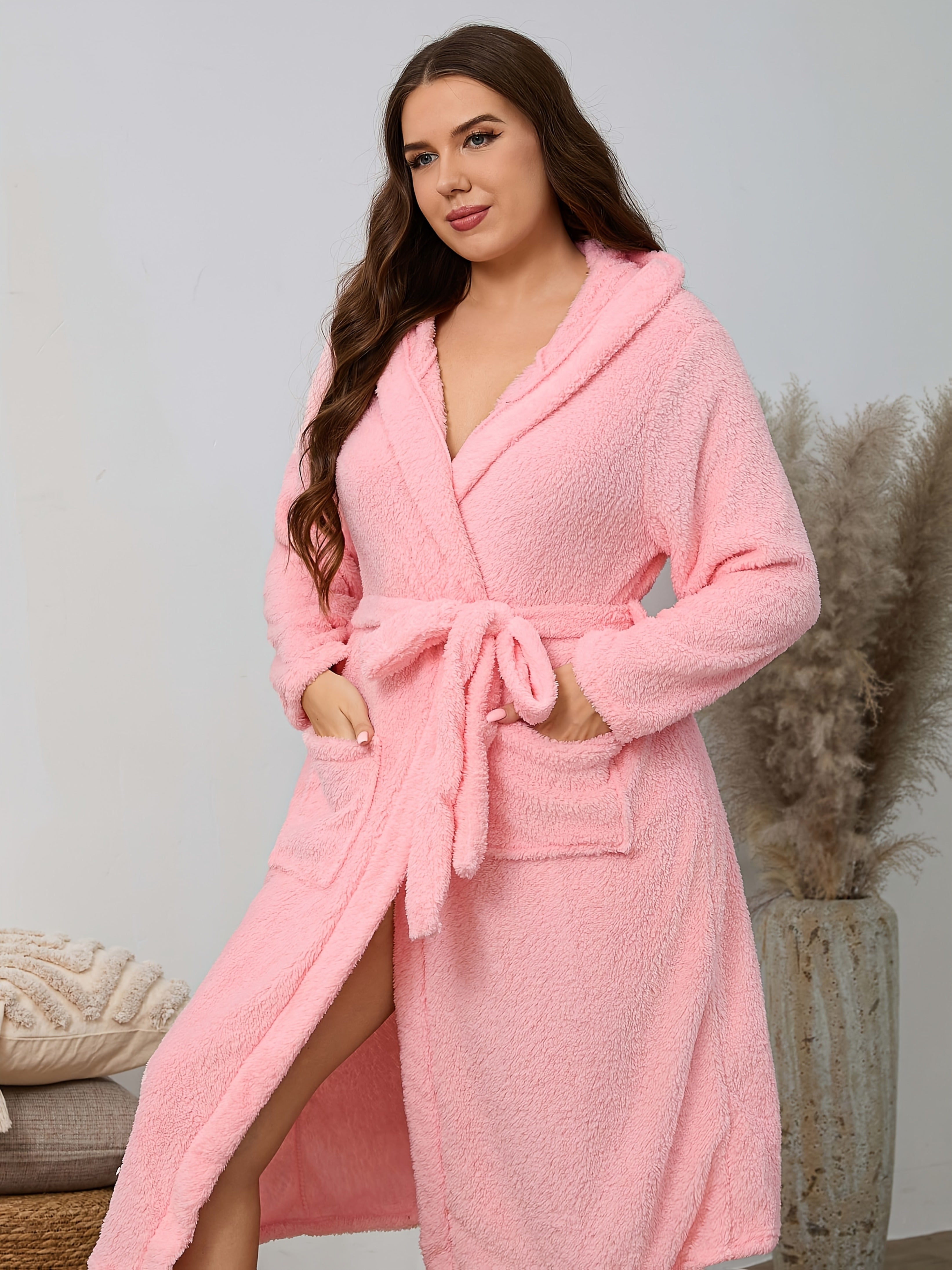 Plus Size Women's Fleece Nightgown Winter Hoodie Bathrobe With Pockets