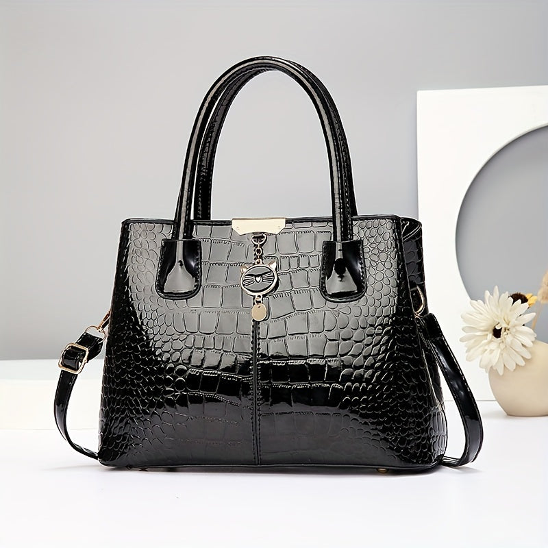 Women's Handbag Crocodile Pattern Large Capacity PU Shoulder Bag for Middle-Aged Mothers