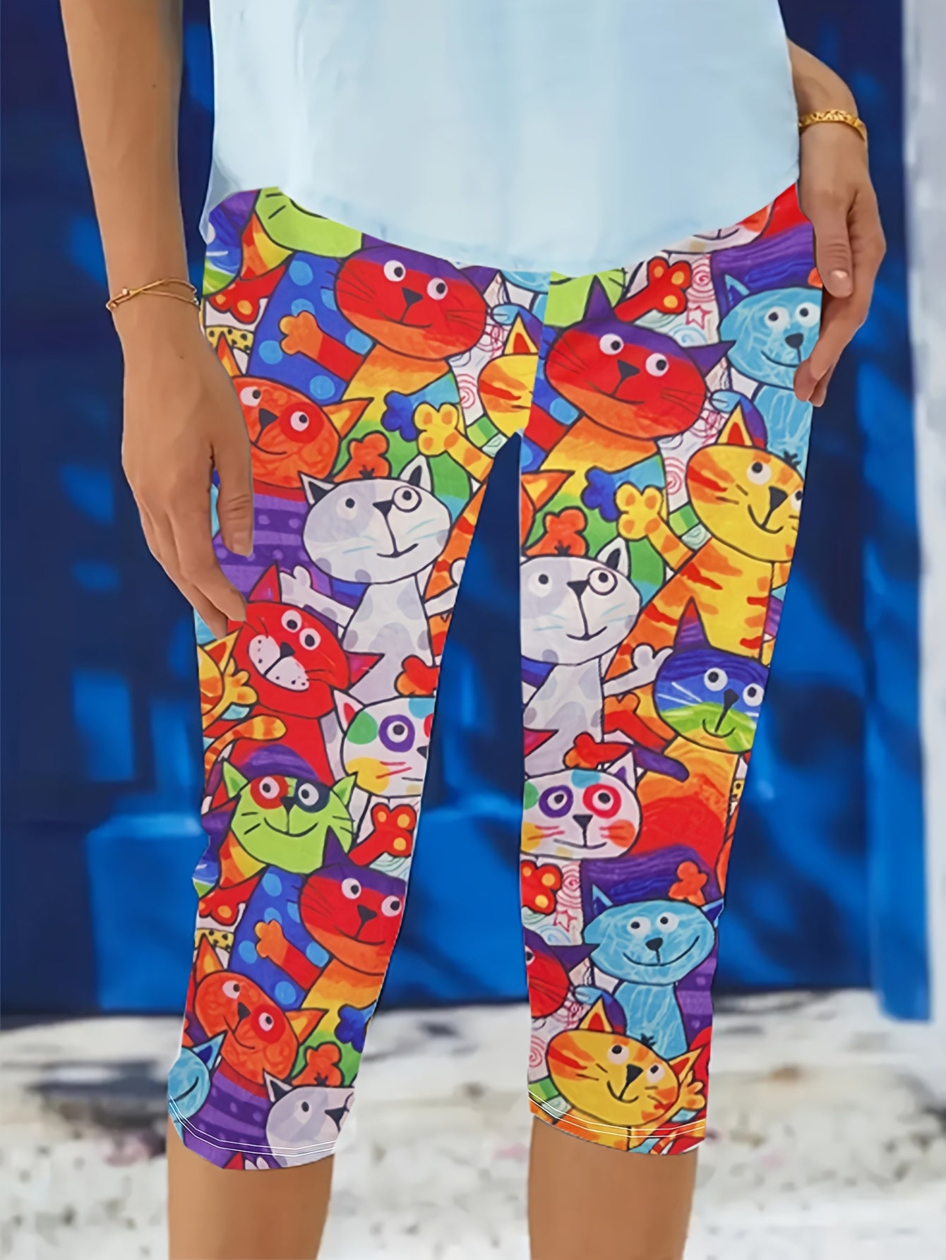 Women's Plus Size Colorful Cartoon Cat Print Capri Leggings Stretchy Mid-Calf Spring Summer Fall