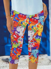 Women's Plus Size Colorful Cartoon Cat Print Capri Leggings Stretchy Mid-Calf Spring Summer Fall