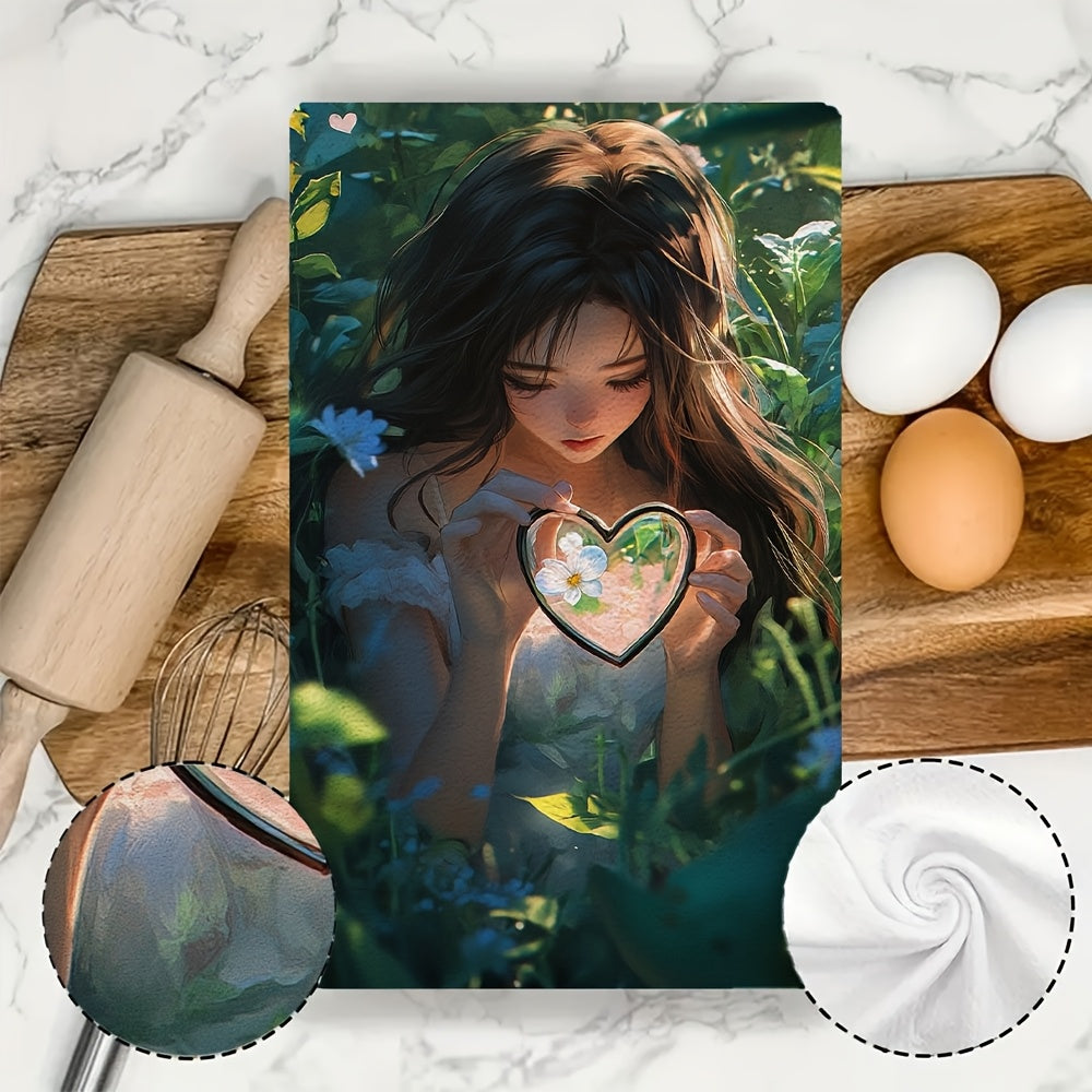 Anime Girl Kitchen Towels Set, Ultra-Soft, Highly Absorbent, Garden Design