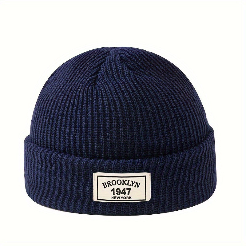 Gorro de punto para hombre, gorro cálido y elástico de invierno con parche de letras para ocio activo y regalos en vacaciones