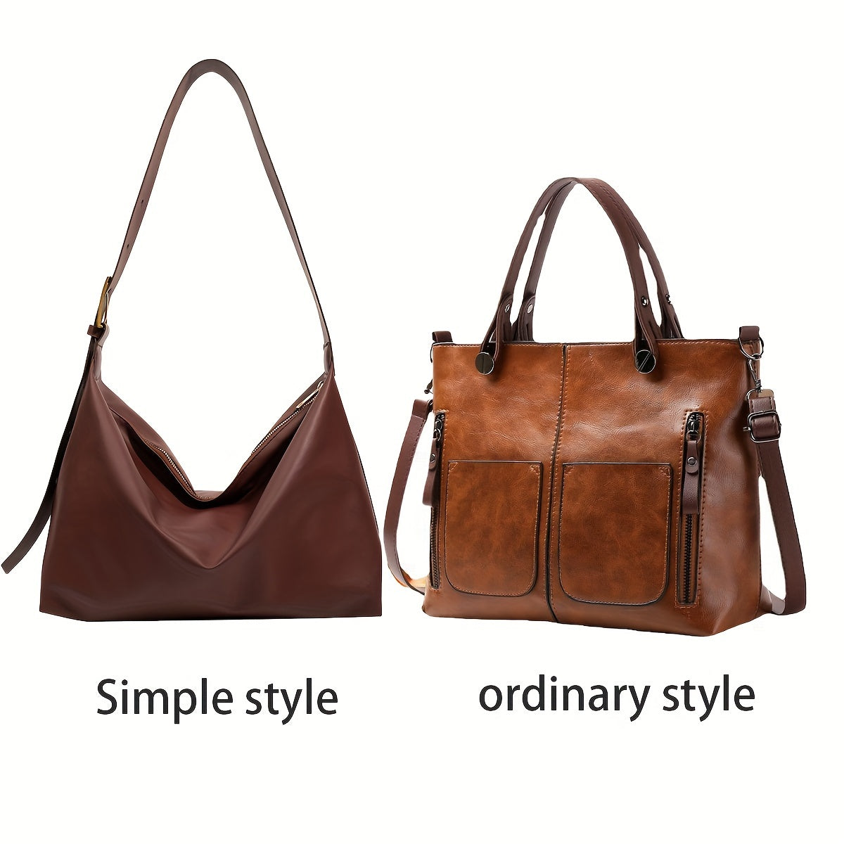 Vintage Style Tote Bag with Zipper Closure Faux Leather Brown Multiple Compartments Adjustable Strap
