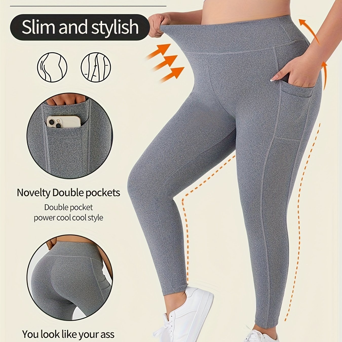 Plus Size Women Solid High-Waisted Leggings Stretchy Pockets Casual