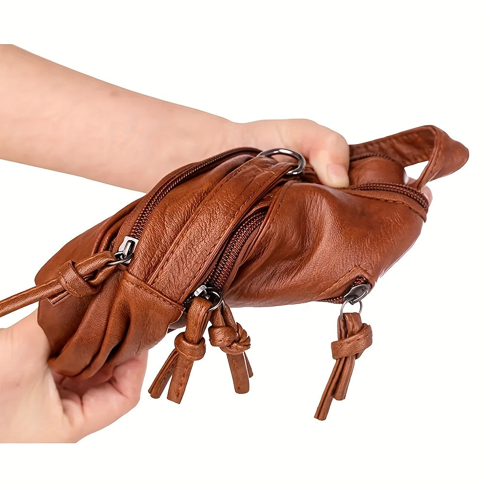 Unisex Brown PU Crossbody Bag with Zipper and Adjustable Strap