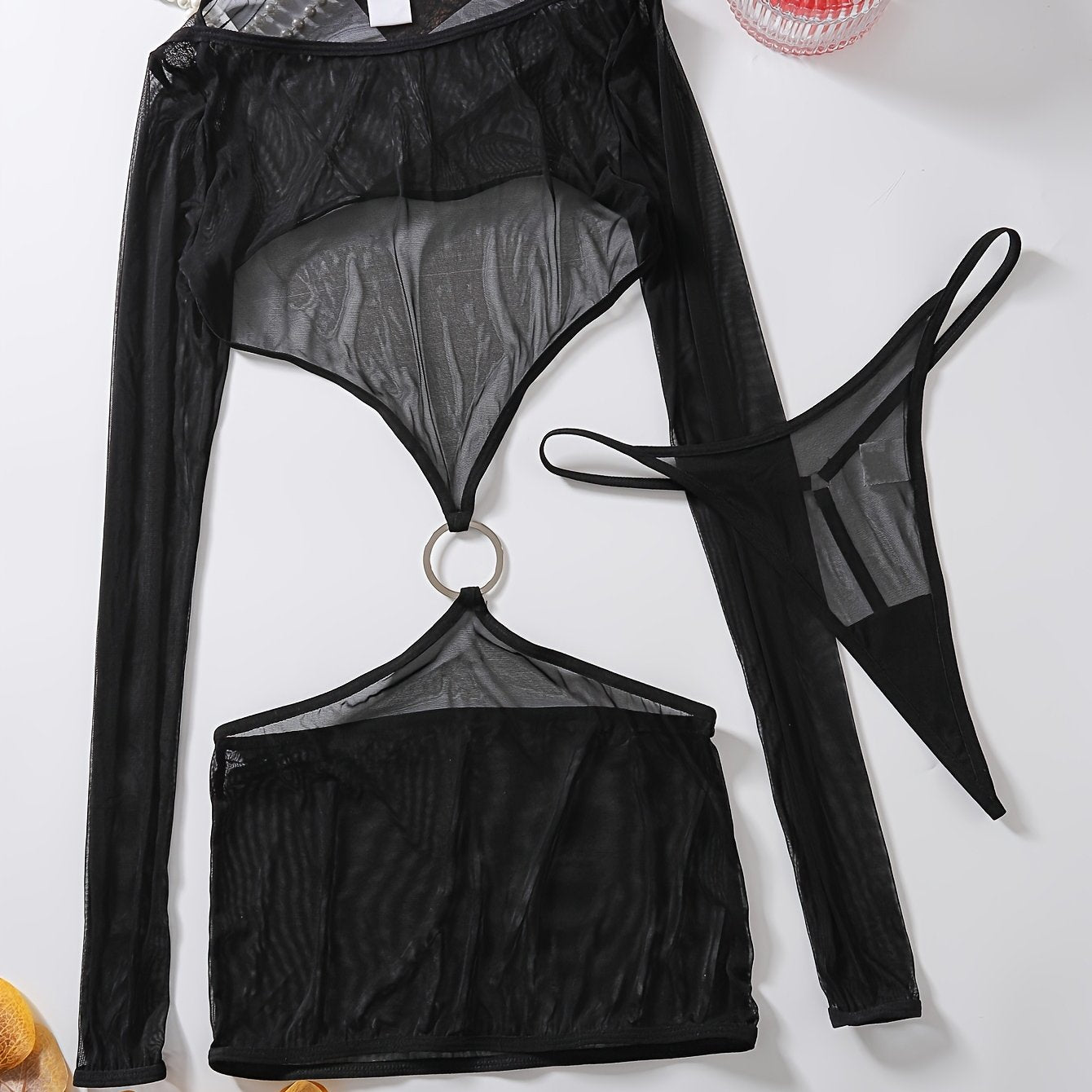 Women's Sheer Mesh Lingerie Set with Opaque Lining Polyester Elastane 2-Piece