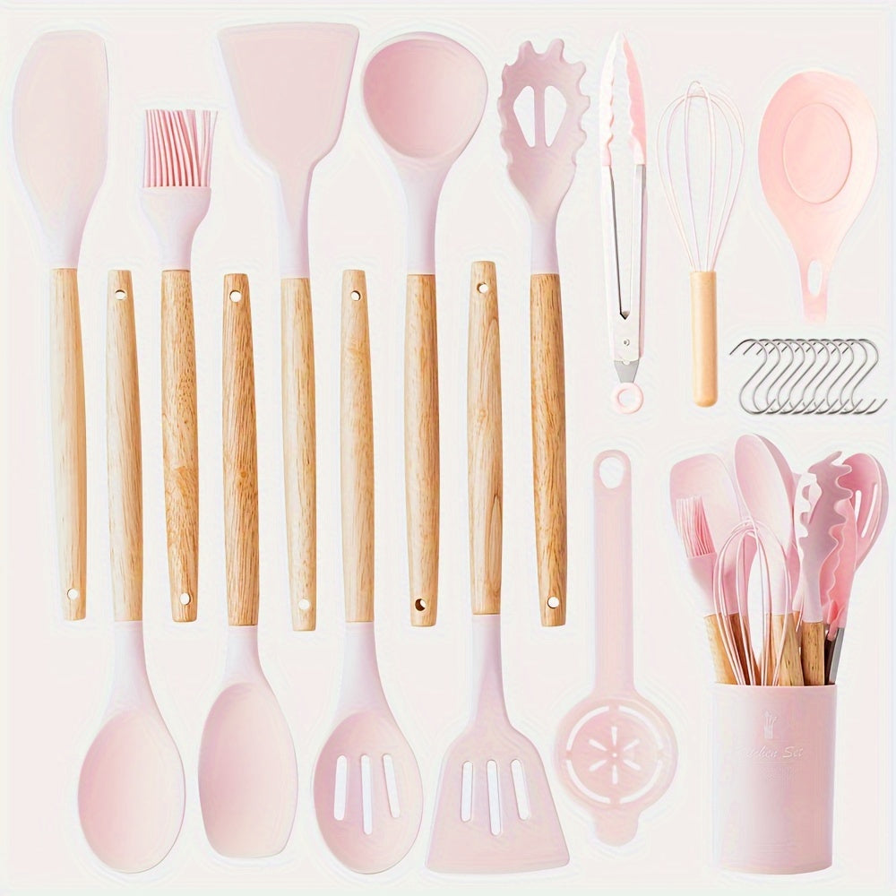 Silicone Kitchen Utensil Set 24 Pieces with Wooden Handles for Cooking Baking