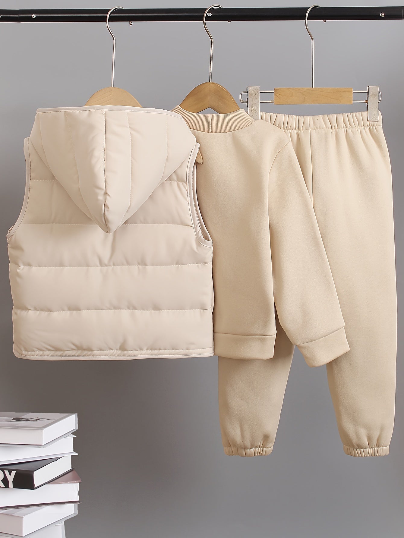 Toddler Autumn Winter Casual Clothing Set Beige Zip-Up Hoodie Vest Long Sleeve Sweatpants