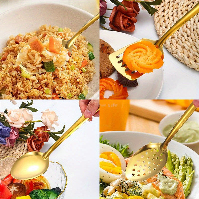 Oltin qoplamali zanglamas po'latdan yasalgan 6 dona oshxona asboblari to'plami, sho'rva qoshiq, kolander, qovurish lopatiyasi va boshqalar - uy oshpazlari uchun zarur