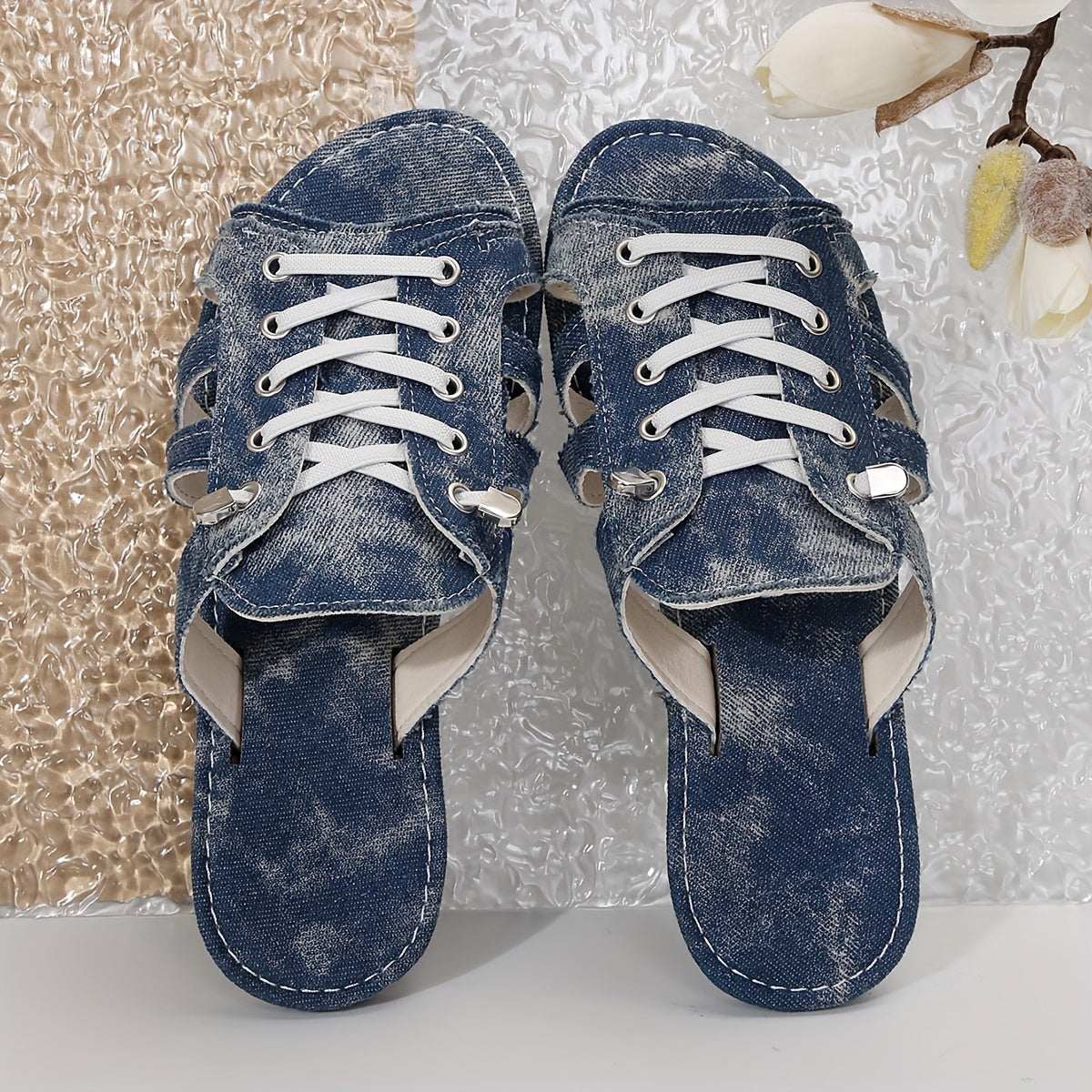 Women Denim Flat Sandals Open Toe Slip-On Casual Shoes for Summer Outdoor