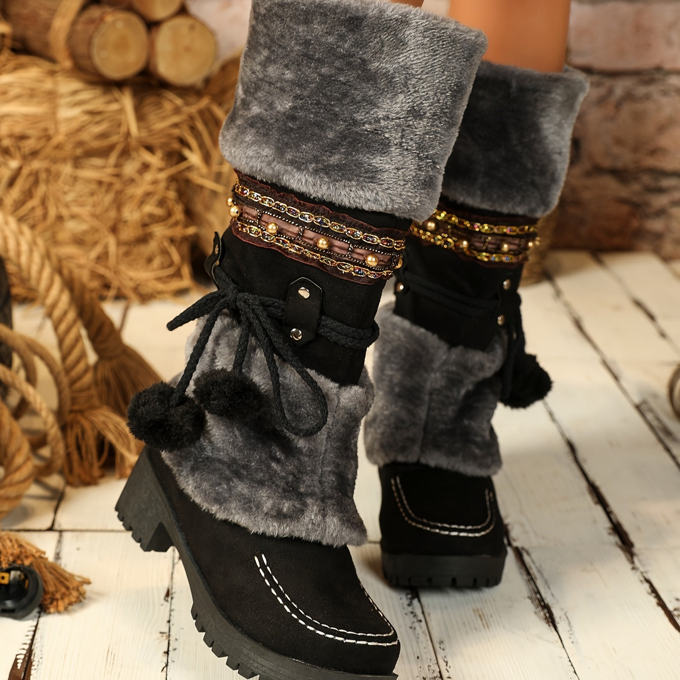 Women's Faux Fur Lined Mid-Calf Cowboy Boots with Heels for Autumn Winter