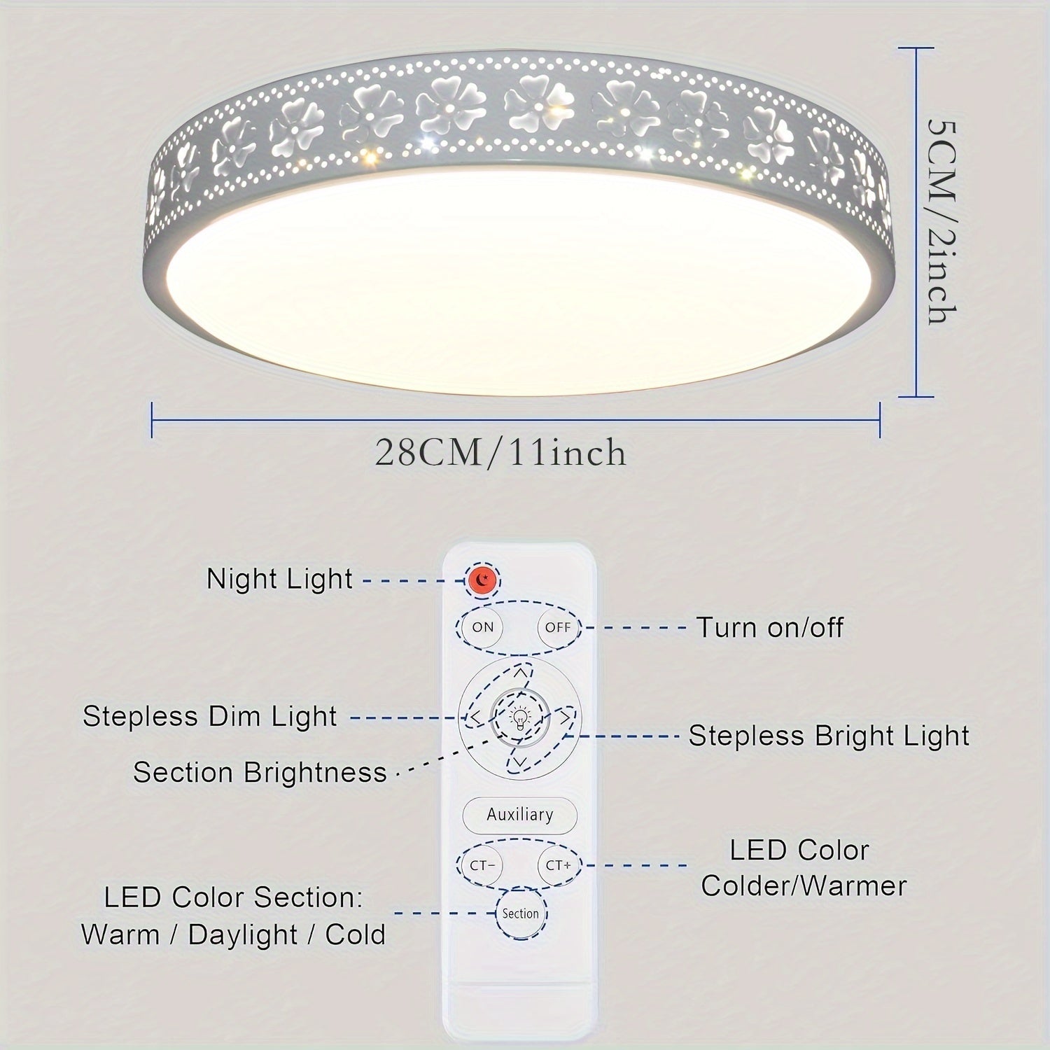 LED Ceiling Light with Remote Control Dimmable Adjustable Color Temperature 2700K-6400K for Indoor Bedrooms and Schools