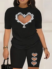 Women's Plus Size Heart Print Casual 2-Piece Set Short Sleeve Top and Shorts Polyester Elastane