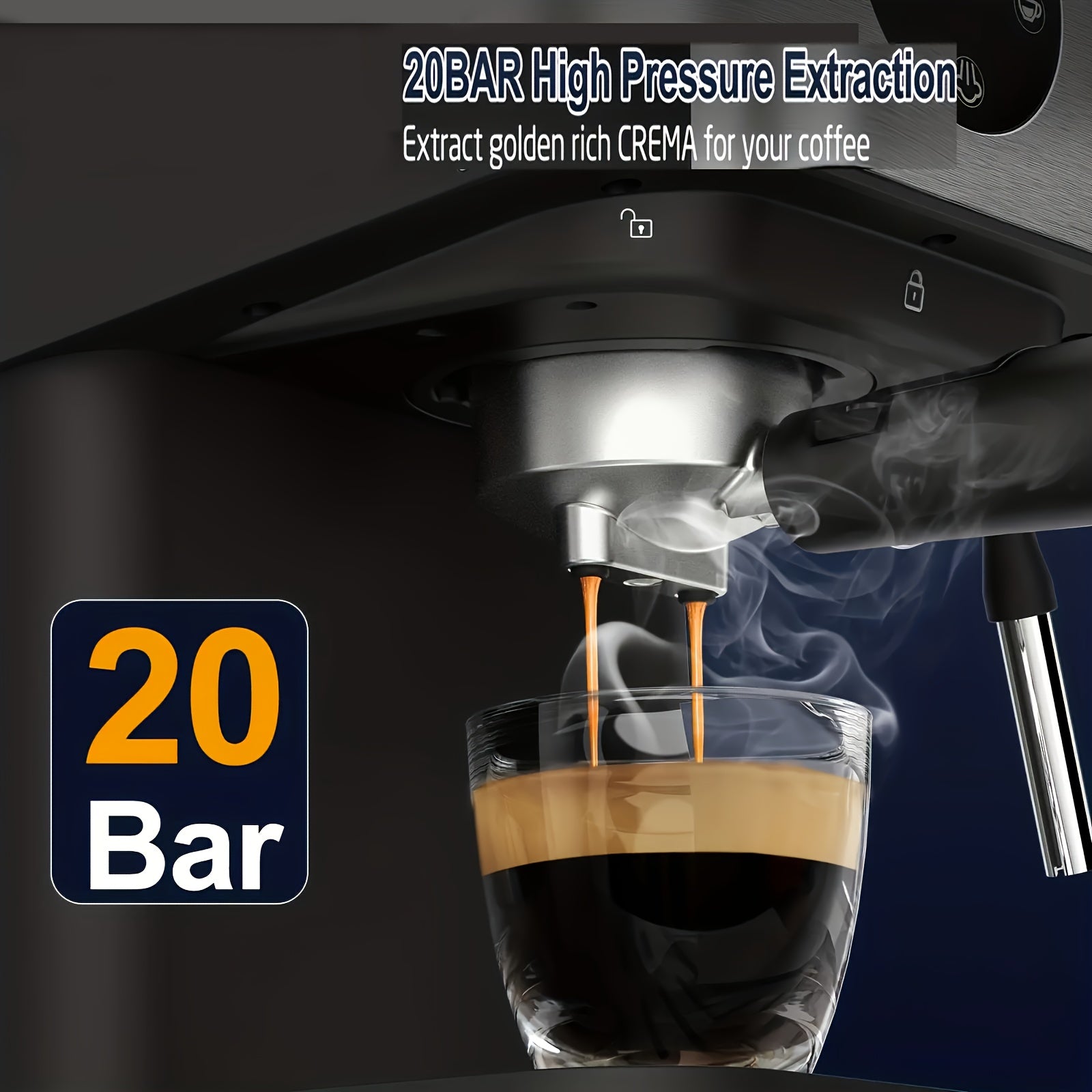 20 Bar semi-avtomatik espresso qahva mashinasi, bug'li quroli bilan, 1.5L suv tanki, 1050W