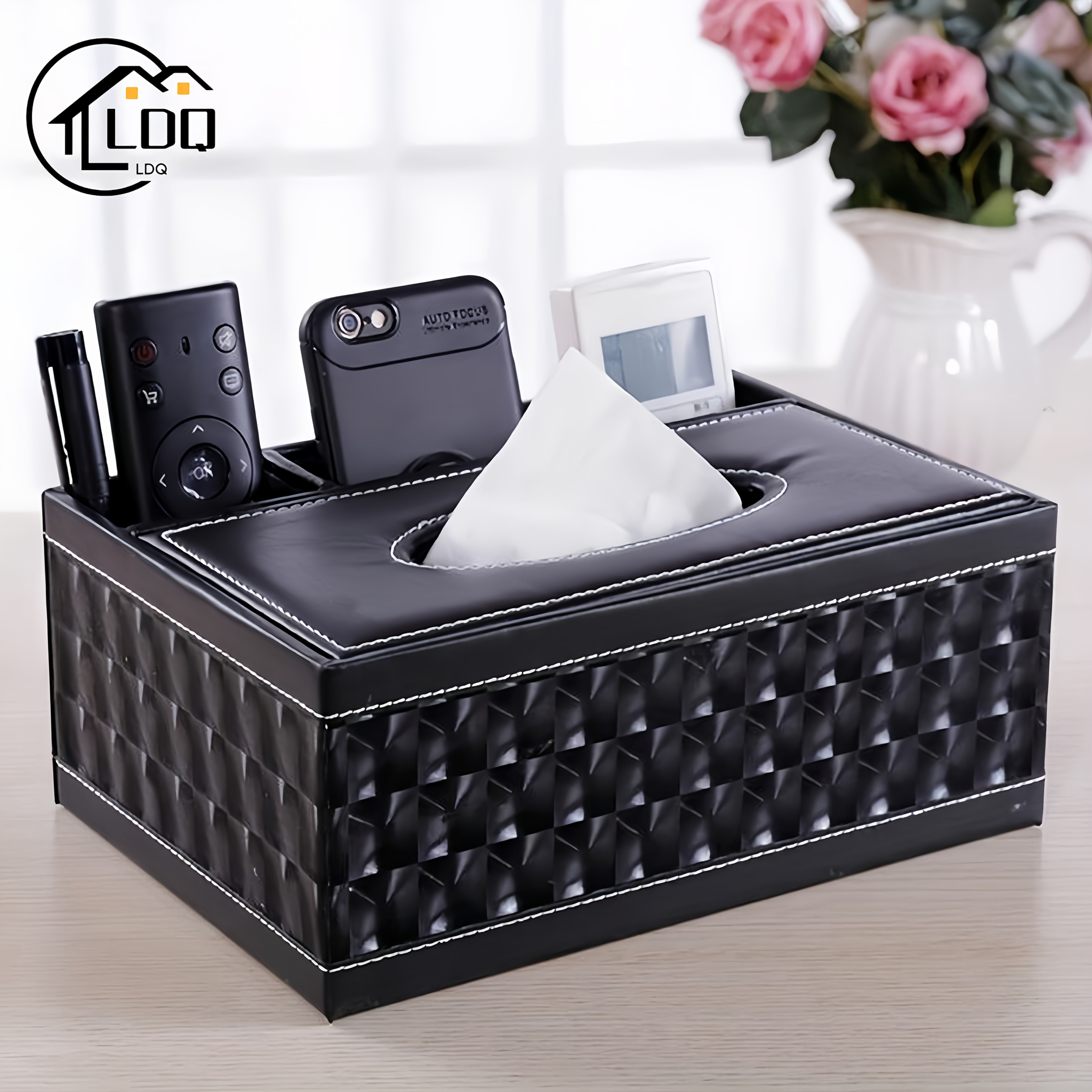 Faux Leather Tissue and Storage Box with Four Compartments Remote Holder Napkin Organizer for Living Room
