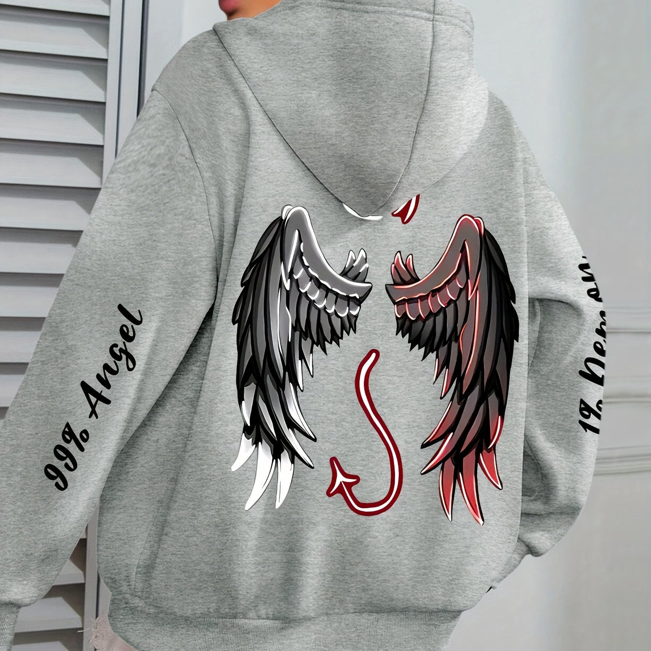 Plus Size Women's Angels & Demons Print Hoodie Long Sleeve Sweatshirt
