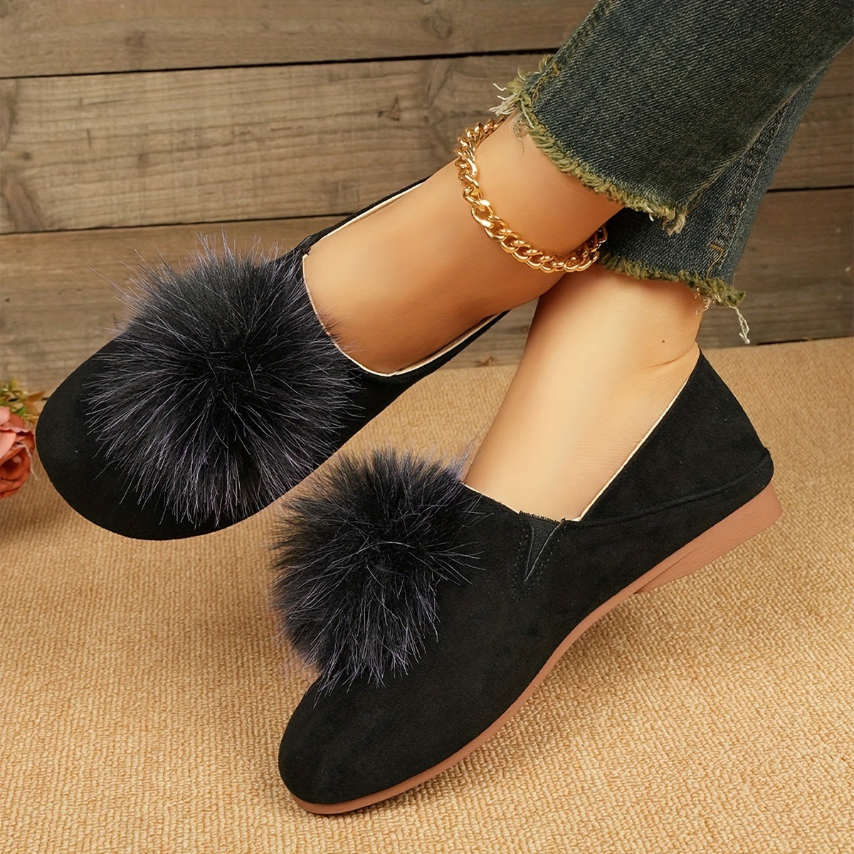 Women's Casual Flats with Pom Poms Solid Color Slip-On Shoes