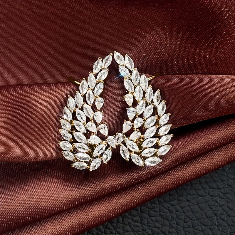 Minimalist Gold Leaf Ear Clips with Zirconia Inlays for Women