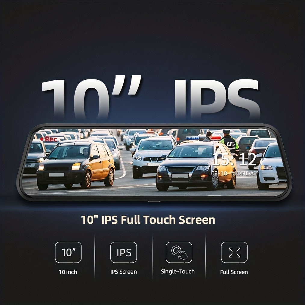 Cámara de salpicadero con espejo de 25.4cm, grabación en 1080P, cámaras frontal y trasera, pantalla táctil, visión nocturna, grabación en bucle, monitor de estacionamiento, 32GB incluidos