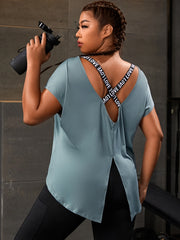 Plus Size Women's Sports Tee Short Sleeve Light Blue Casual Workout Top