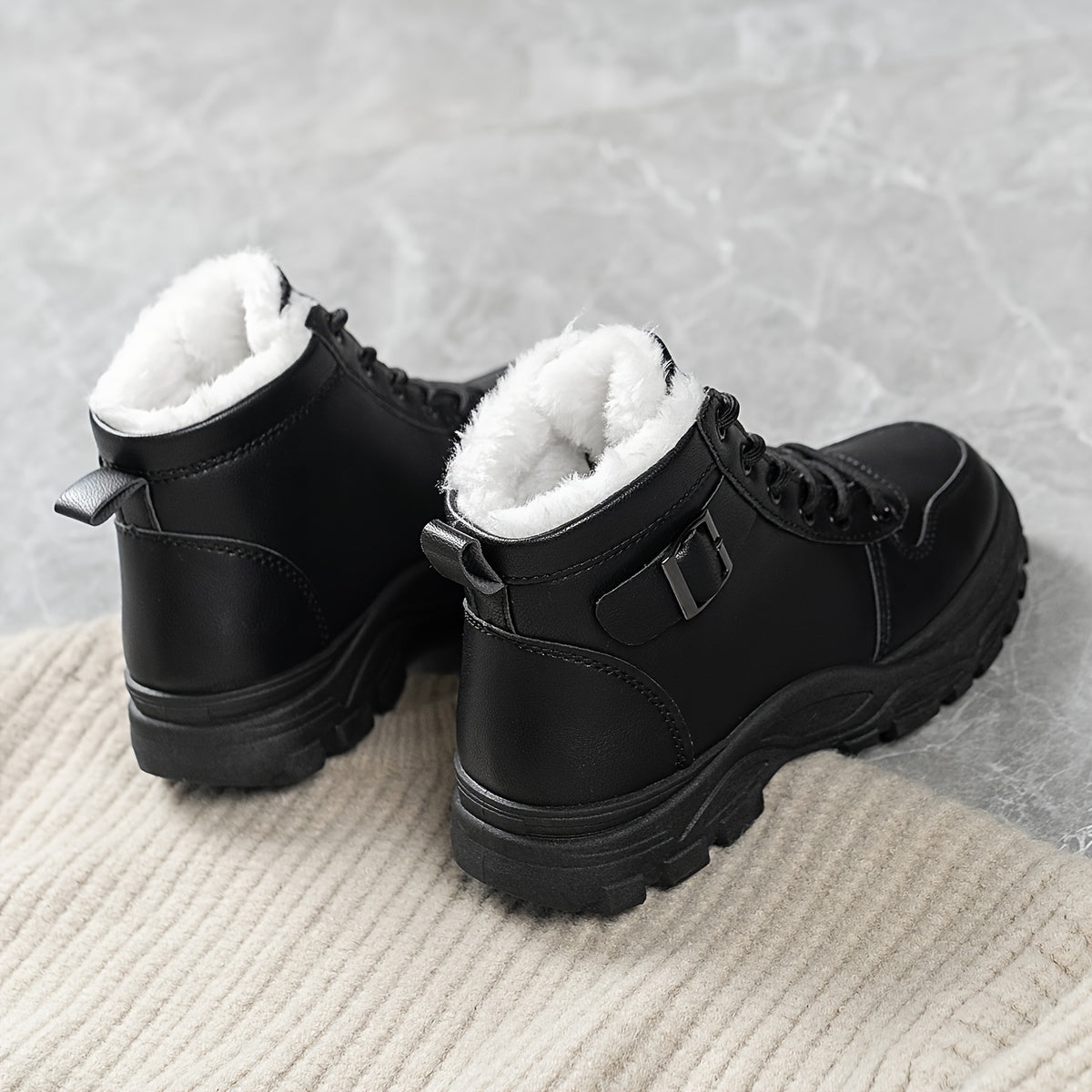 Women's Cozy Lined Ankle Boots Black Beige White High-Top Sneakers Rubber Soles
