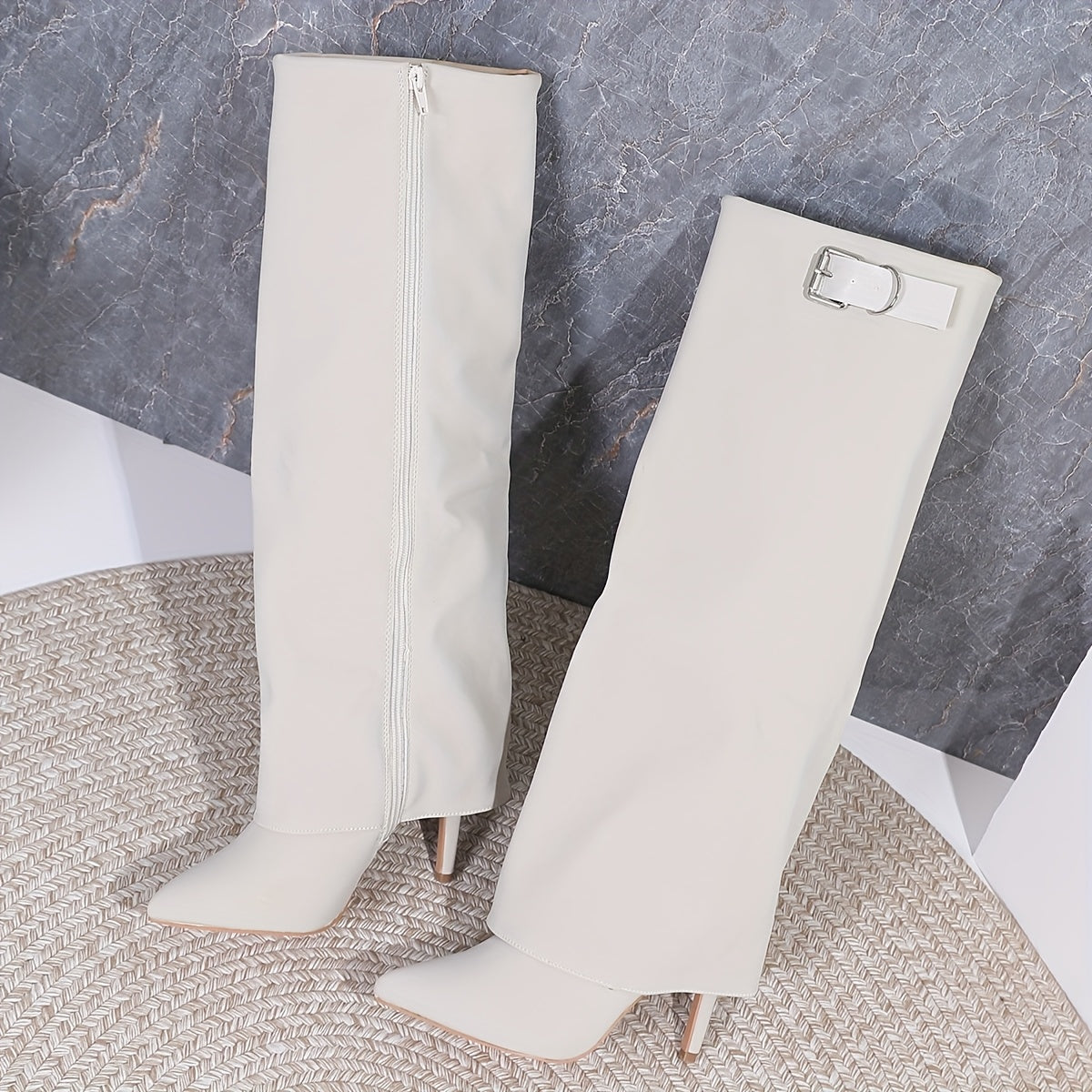 Women's Synthetic Pointed Toe Knee-High Boots with Buckle Zipper