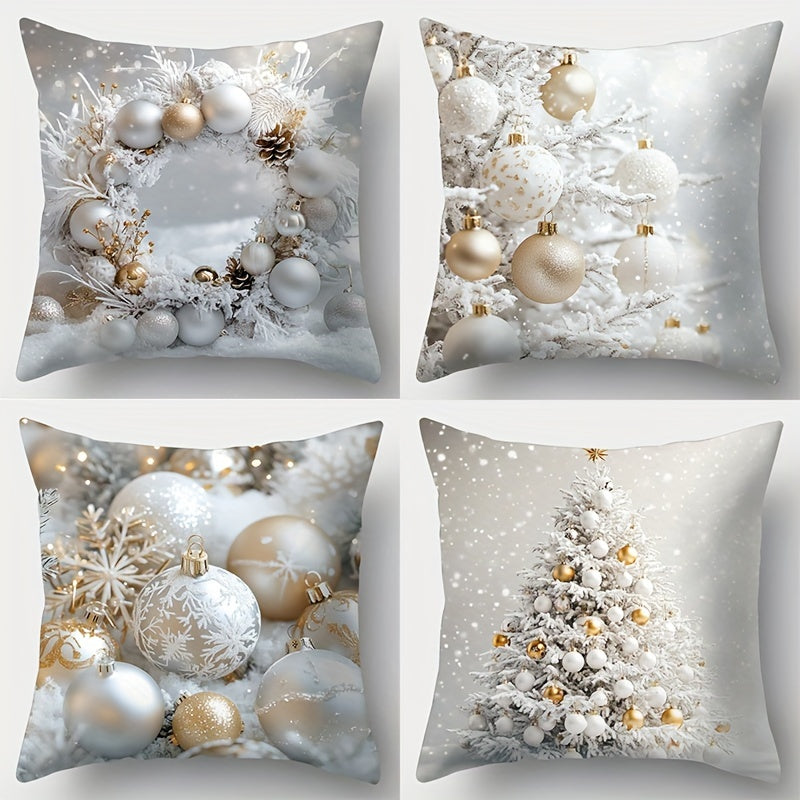 Set of 4 Christmas Throw Cushion Covers Wreath and Tree Prints Polyester 45cm