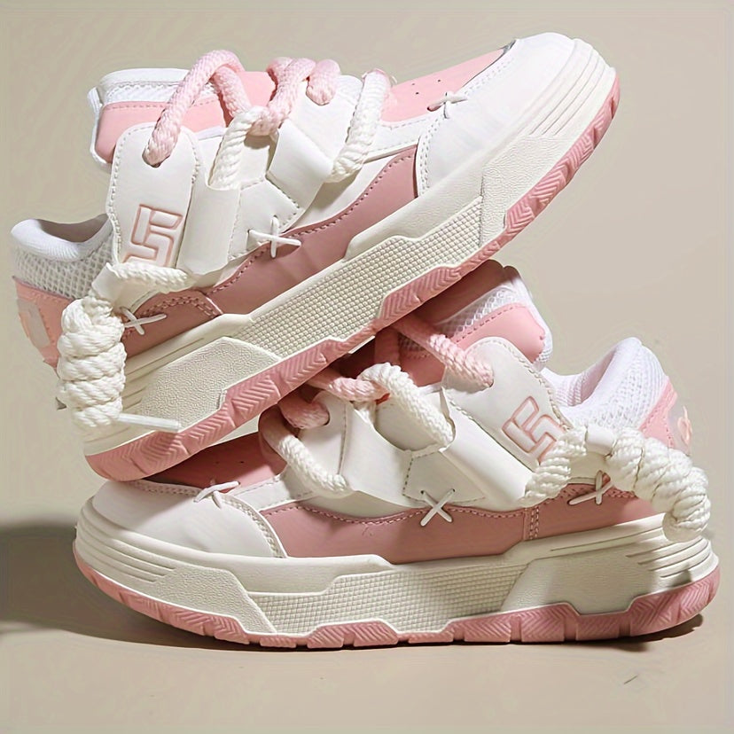 Pink Women's Chunky Lace-Up Sneakers Low Top All-Season Fabric Rubber Sole