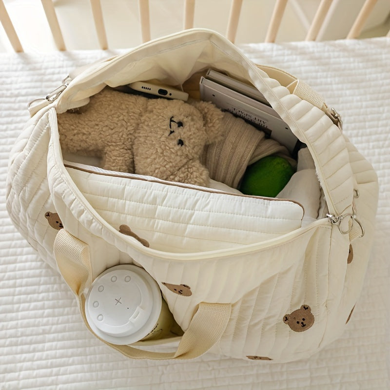 Large Capacity Storage Bag with Embroidered Bear Design for Travel and Organization