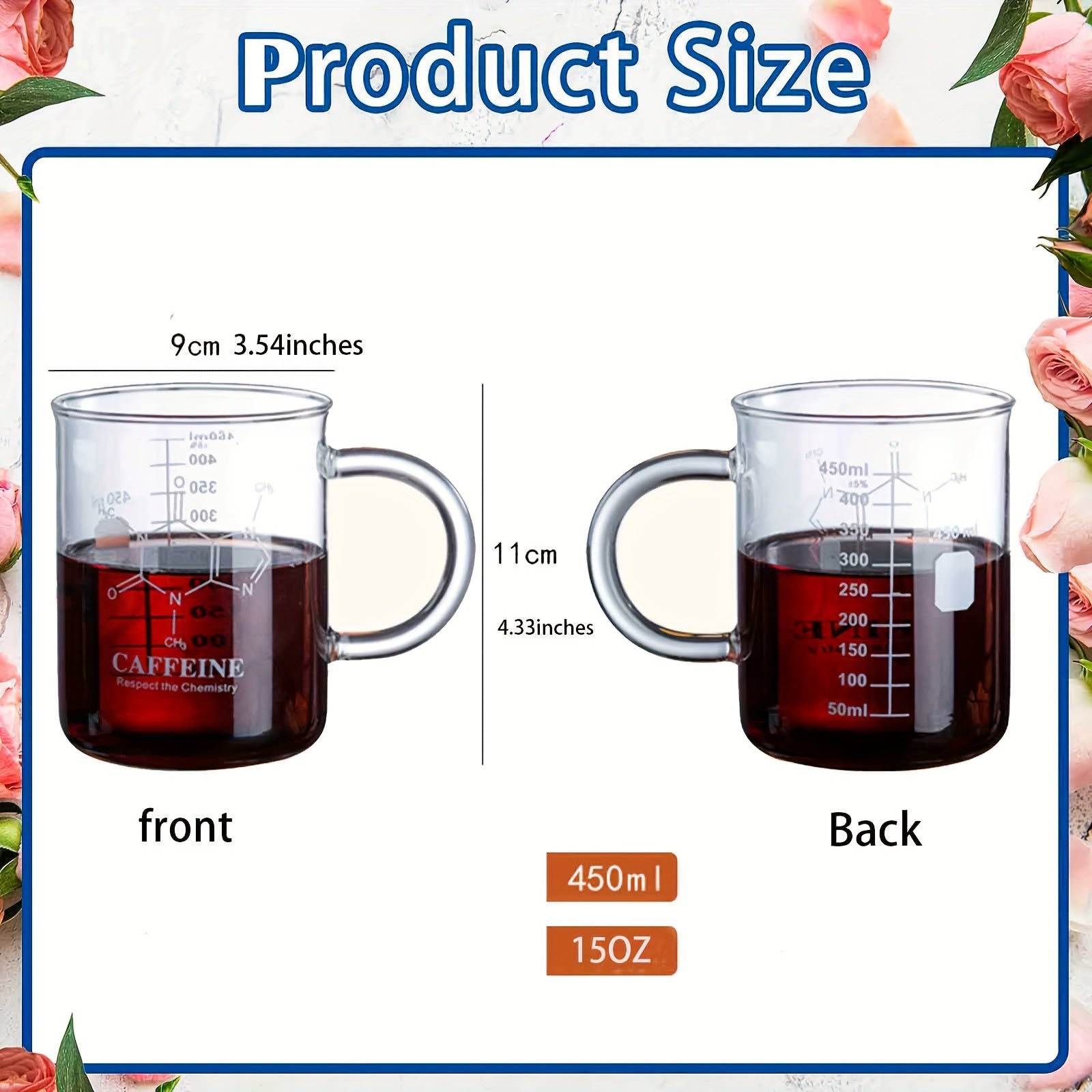 16 Oz Insulated Glass Coffee Mug with Handle and Measuring Markings for Hot and Cold Beverages