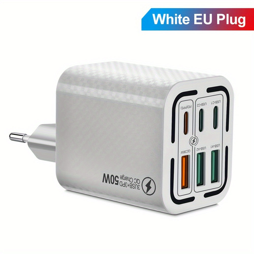 50W 6-Port USB C Charger Fast Charging Multi-Device Power Adapter for iPhone and Samsung