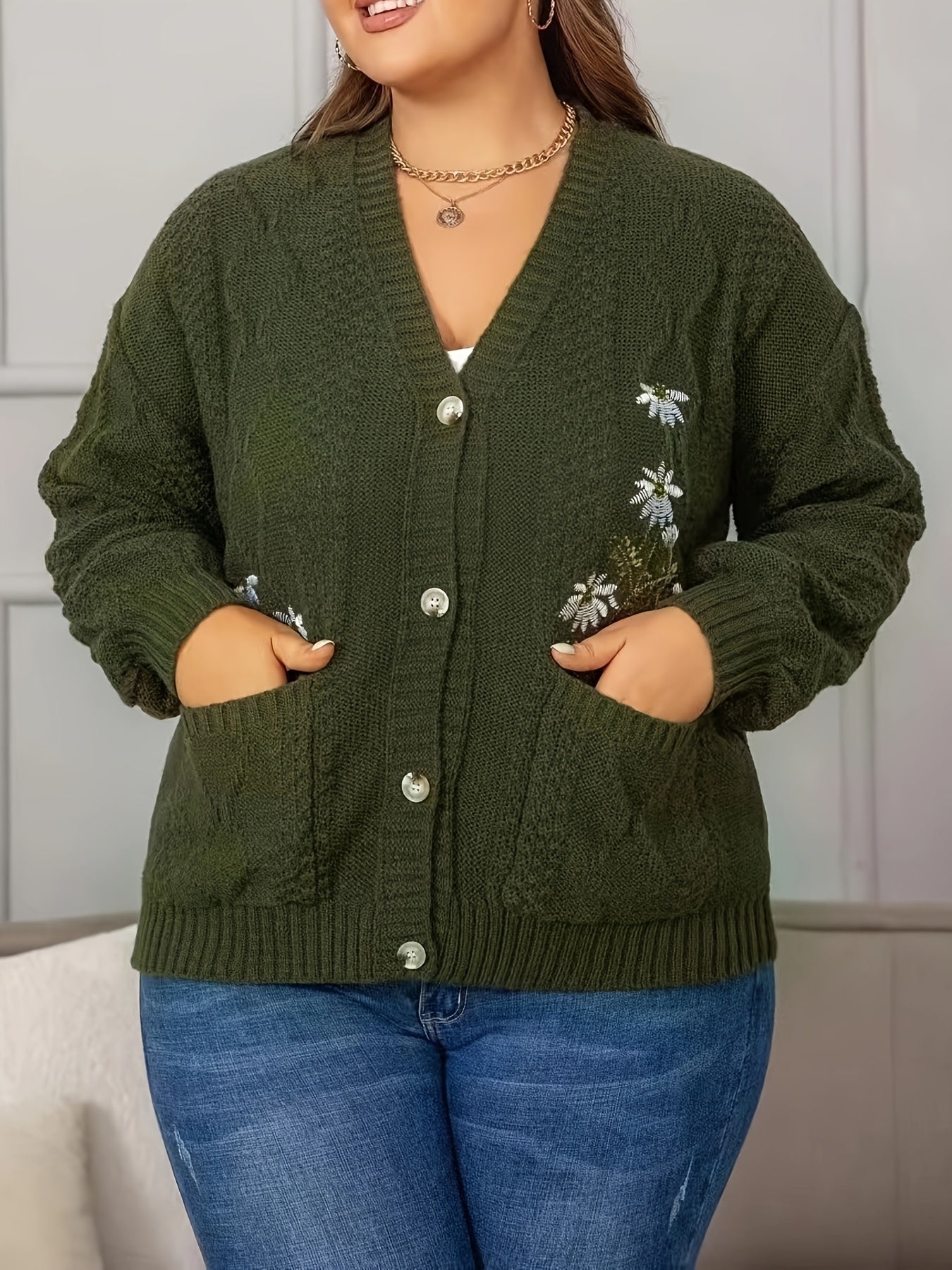 Plus o'lchamli gul naqshli trikotaj kardigan ayollar uchun uzun sleeve kuz qish oddiy