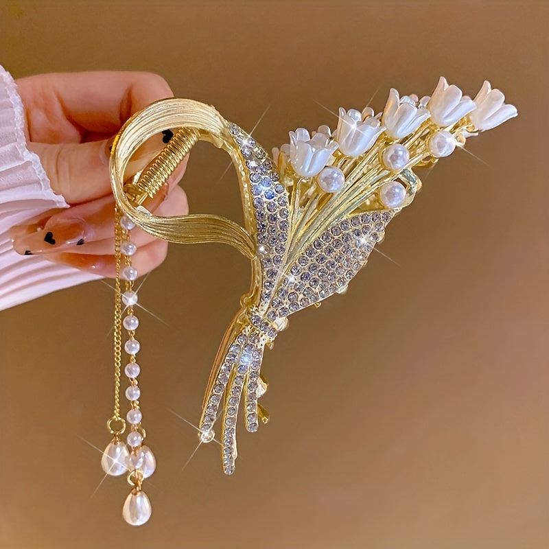 Elegant Gold Alloy Hair Claw with Faux Pearls Rhinestones and Tassel for Women